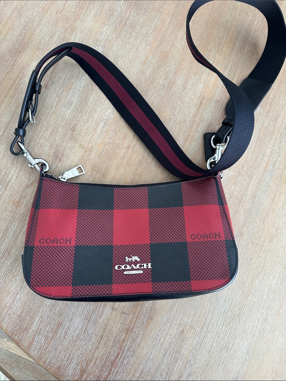 COACH Red and Black Buffalo Plaid Messenger Bag with Strap
